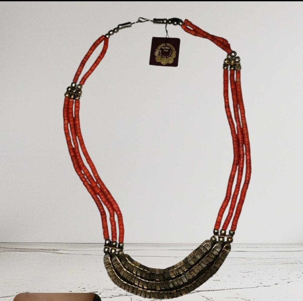 Carol For Eva Graham Coral Heshei and Gold Beaded Necklace